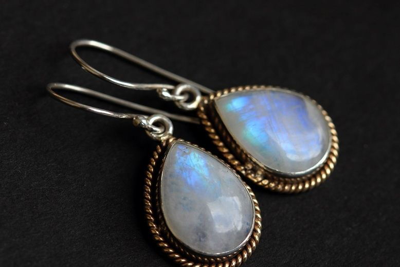 Rainbow Moonstone Earrings Dual Tone 18k Gold Silver Rainbow Moonstone Earrings Dual