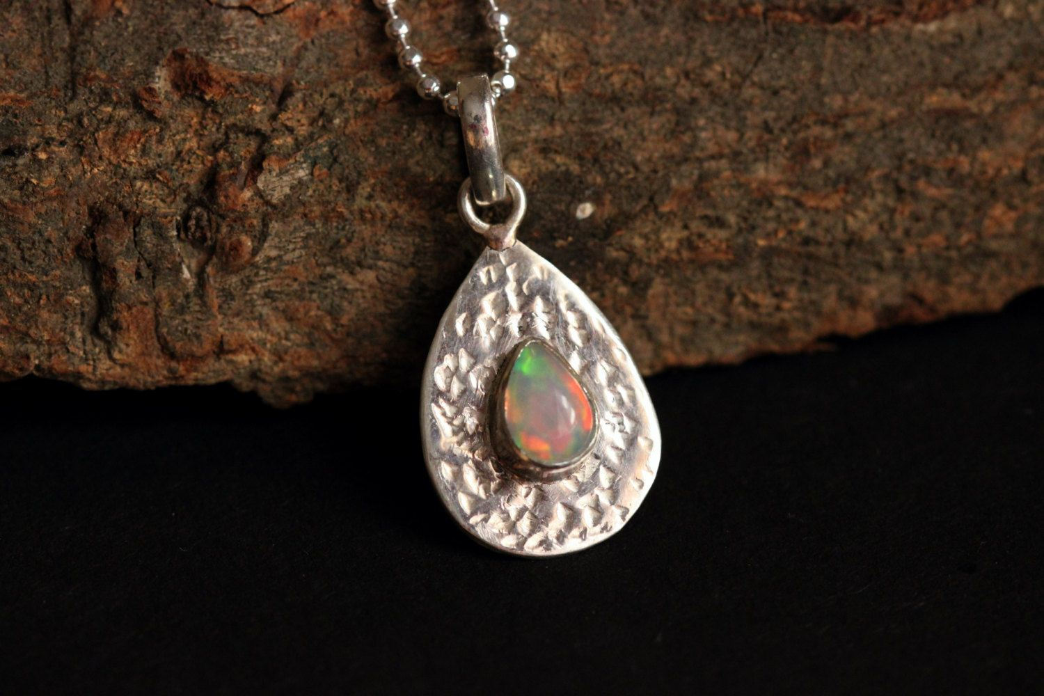 Genuine Opal Pendant Hammered Natural Silver Genuine Opal Pendant Hammered Natural