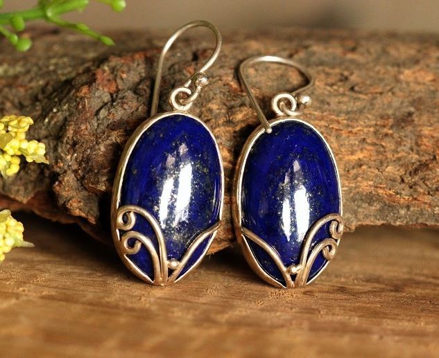Buy Blue lapis cabochon earrings, 925 Sterling silver fish hook