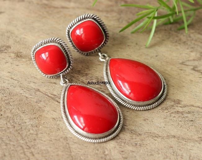 925 STERLING SILVER UNIQUE DESIGNER FILIGREE FASHION DROP DANGLE BALINESE EARRING FOR WOMEN & GIRLS RED CORAL GEMSTONE HANDMADE EARRING JEWELRY BY ARTISANS