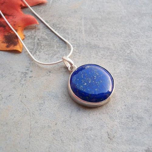 handmade 34x63mm natural rich blue with light Pyrite flecks Lapis Lazuli pendant in 925 Sterling Silver