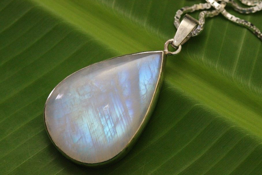 Egyptian Rainbow Moonstone Pendant Necklace In Sterling Silver