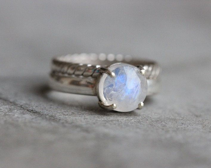 pear moonstone ring with 5 round stone stacker Rainbow moonstone stacking set 925 sterling silver