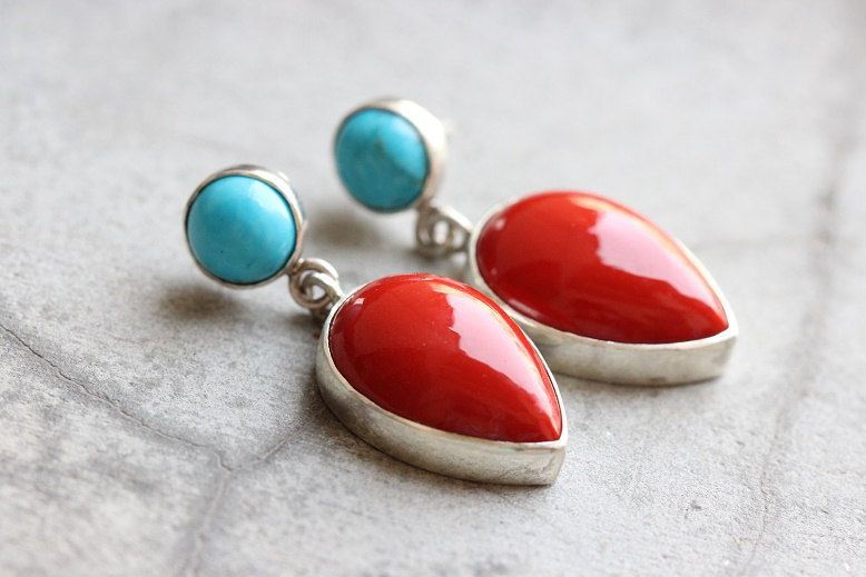 Jewelry for Bema Turquoise and Red Coral Earrings