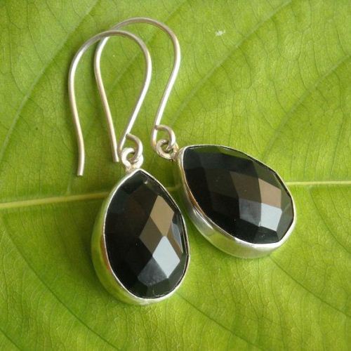 Black Onyx Earrings Tear Drop Silver Faceted Stone Black Onyx Earrings Tear Drop Silver Faceted Stone