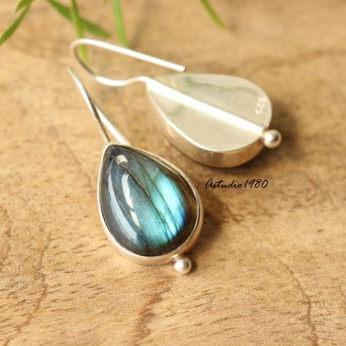 Blue Labradorite Gemstone Earrings Handmade Sterling Silver Blue Labradorite Gemstone Earrings Handmade Sterling Silver