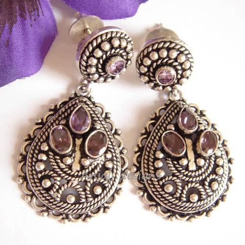 Designer Ethnic Unique Amethyst Silver Oxidizepost Tear Drop Designer Ethnic Unique Amethyst Silver Oxidizepost Tear Drop Earrings