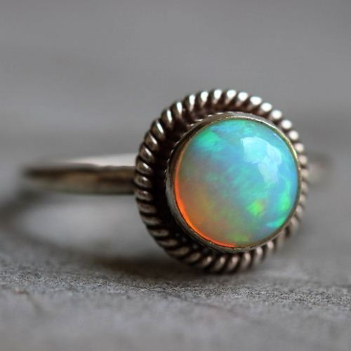 Buy Genuine opal round birthstone silver ring, October birthstone gift ...