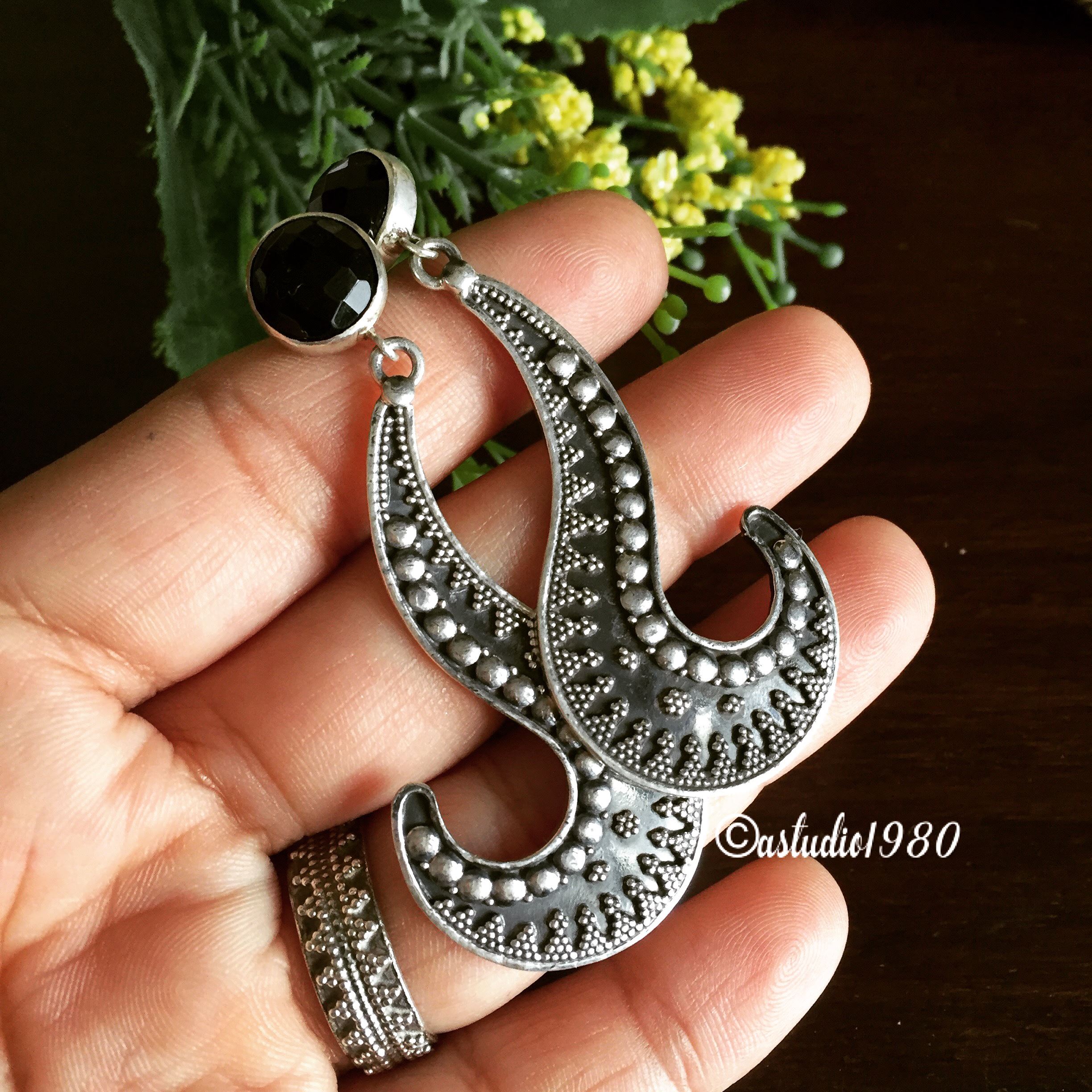 Ethnic Tribal Earrings Black Onyx Oxidized Sterling Silver Ethnic Tribal Earrings Black Onyx