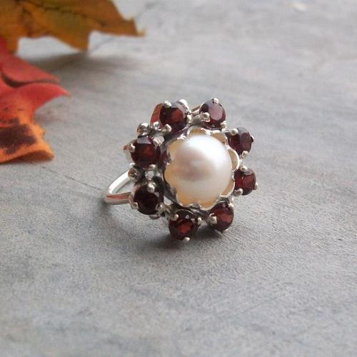 Garnet Ring Flower Sterling Silver Pearl Garnet Ring Flower Sterling Silver Pearl