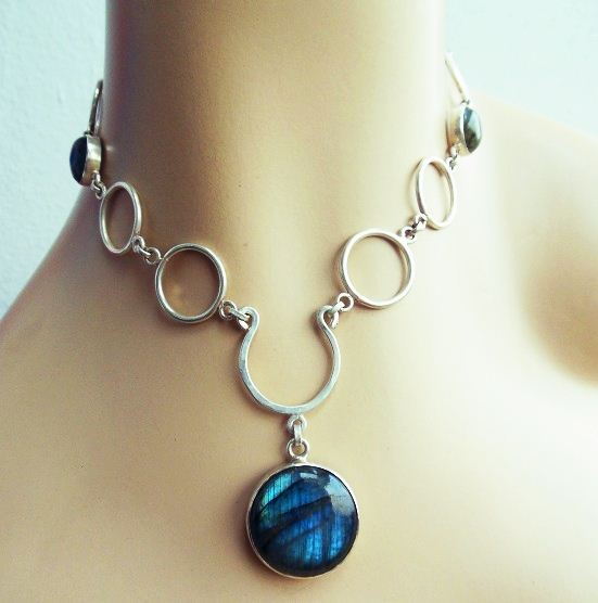 Labradorite necklace pendant - Round gemstone silver - Statement