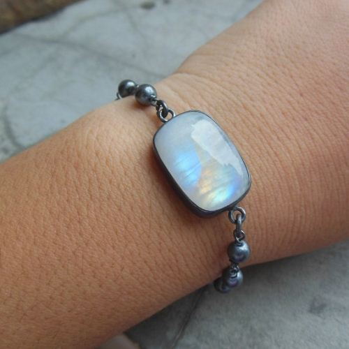 Oxidized Rainbow Moonstone Bracelet Sterling Silver Oxidized Rainbow Moonstone Bracelet Sterling Silver