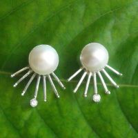 10mm Pearl earrings, Freshwater cultured pearl silver artisan earrings