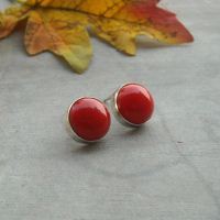 12mm red coral studs, Coral sterling silver stud earrings