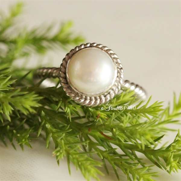 14K white gold pearl ring - dainty gold ring - engagement ring