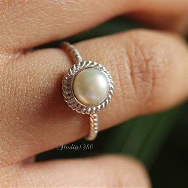 14K white gold pearl ring - dainty gold ring - engagement ring