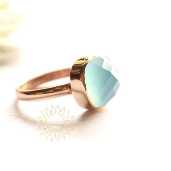 14k Gold Aqua Chalcedony Ring, Artisan handmade ring