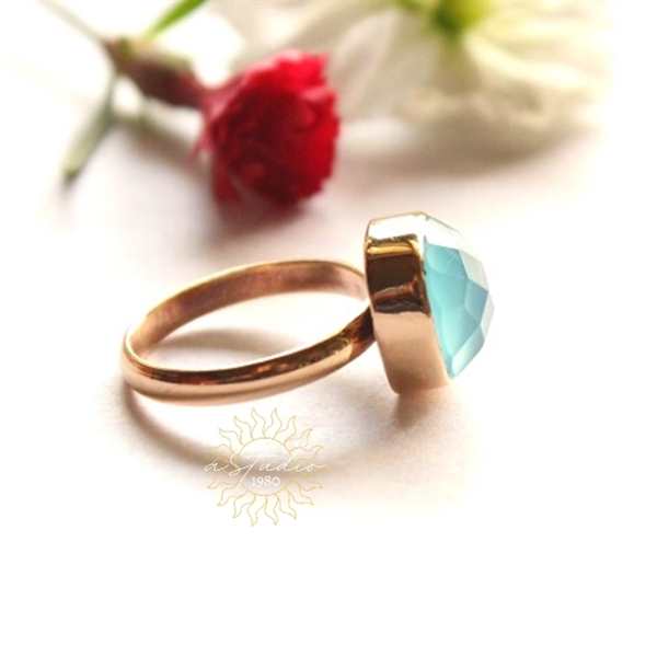14k Gold Aqua Chalcedony Ring, Artisan handmade ring
