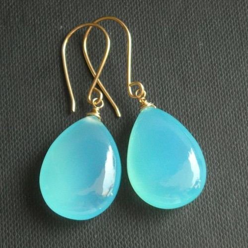 Aqua Gemstone Earrings Blue Green Chalcedony 14k Gold Filled 