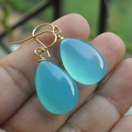 14k gold filled earrings - Aqua chalcedony drop earrings - Hook