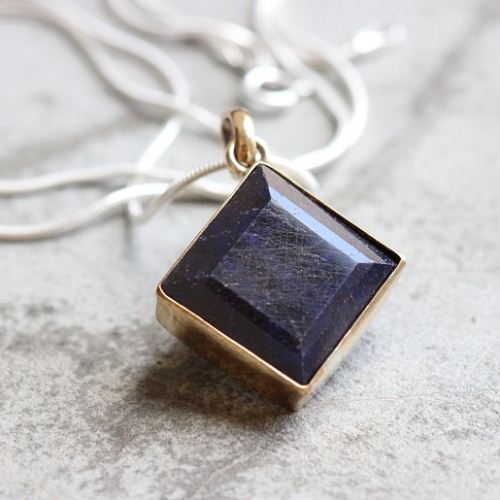 14k gold sapphire pendant necklace, Artisan square pendant