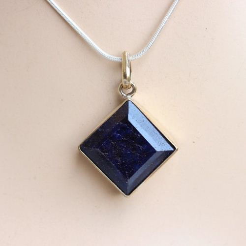 14k gold sapphire pendant necklace, Artisan square pendant