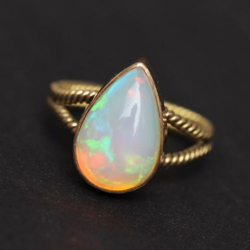 18k yellow gold opal ring, Artisan engagement ring