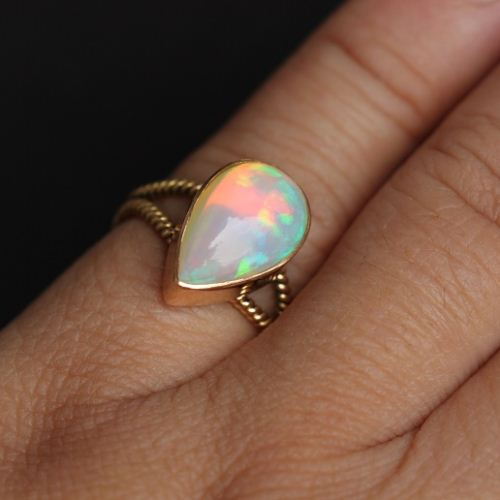 18k yellow gold opal ring, Artisan engagement ring