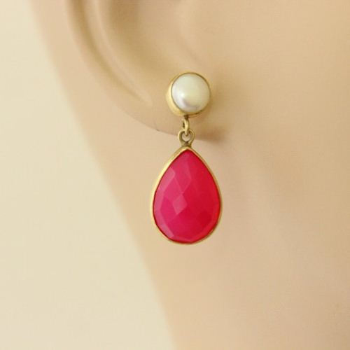18K Gold Pearl chalcedony Earrings, Wedding bridal earrings 