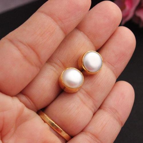 18K yellow gold pearl earrings - Stud earrings - 8mm pearl small studs