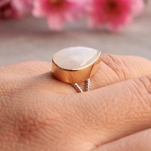 18k Gold Dual Tone Rainbow Moonstone ring - 925 silver drop ring