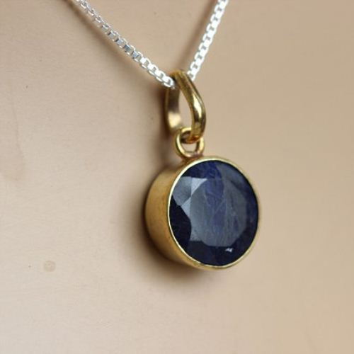18k gold sapphire pendant necklace - Round blue precious stone pendant