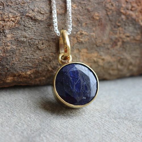 18k gold sapphire pendant necklace - Round blue precious stone pendant