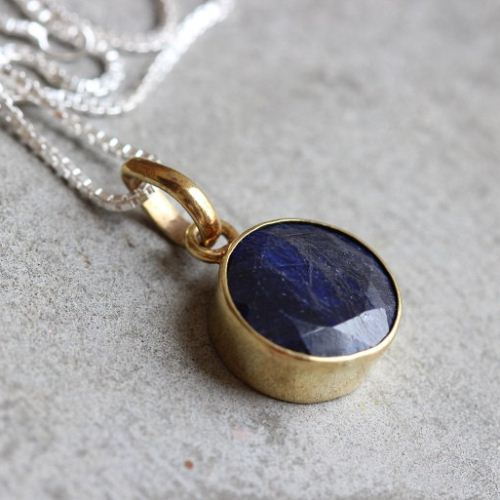 18k gold sapphire pendant necklace - Round blue precious stone pendant