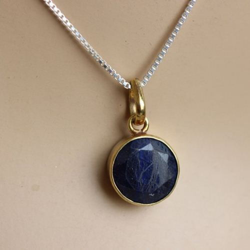 18k gold sapphire pendant necklace - Round blue precious stone pendant