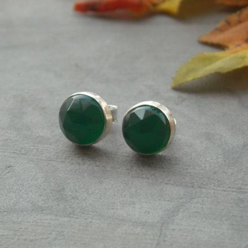 8mm green chalcedony stud earrings, Small round silver studs
