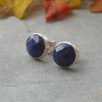 8mm lapis lazuli stud earrings, Denim lapis silver earrings
