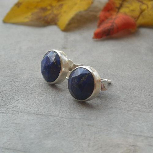 8mm lapis lazuli stud earrings, Denim lapis silver earrings
