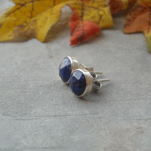 8mm lapis lazuli stud earrings, Denim lapis silver earrings