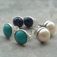 8mm studs, Turquoise pearl lapis lazuli silver earrings, 3 pairs