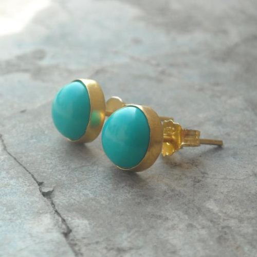 8mm turquoise studs earrings - 24k gold vermeil earrings - genuine
