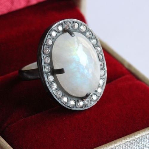 Artisan ring, Oxidized OOAK Natural Moonstone silver ring