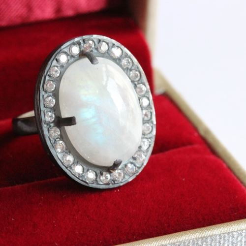 Artisan ring, Oxidized OOAK Natural Moonstone silver ring