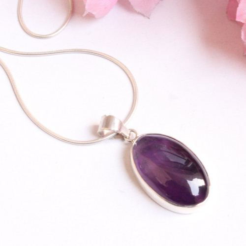 Genuine amethyst pendant necklace, Purple sterling silver jewelry