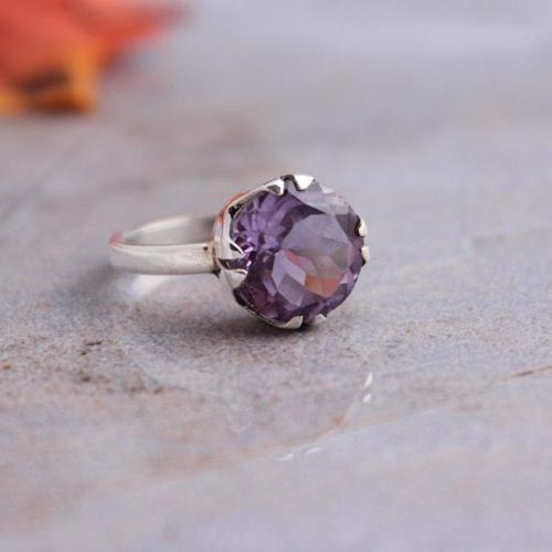Large Round Amethyst Ring Sterling Silver Classic Style Design