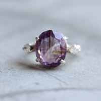 Amethyst ring, White topaz ring, Prong set purple silver ring