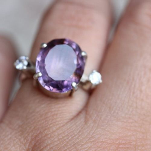 Amethyst ring, White topaz ring, Prong set purple silver ring