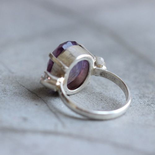 Amethyst ring, White topaz ring, Prong set purple silver ring