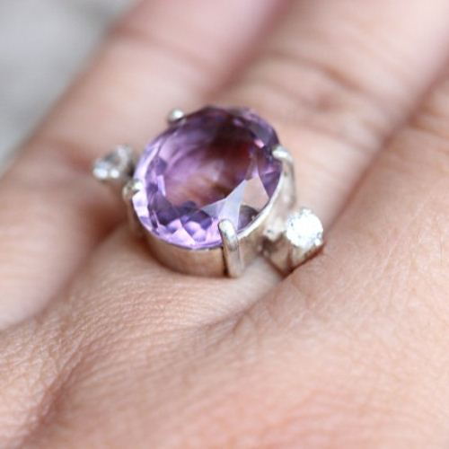 Amethyst ring, White topaz ring, Prong set purple silver ring