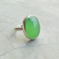 Apple green oval chalcedony ring, Oval gemstone silver ring